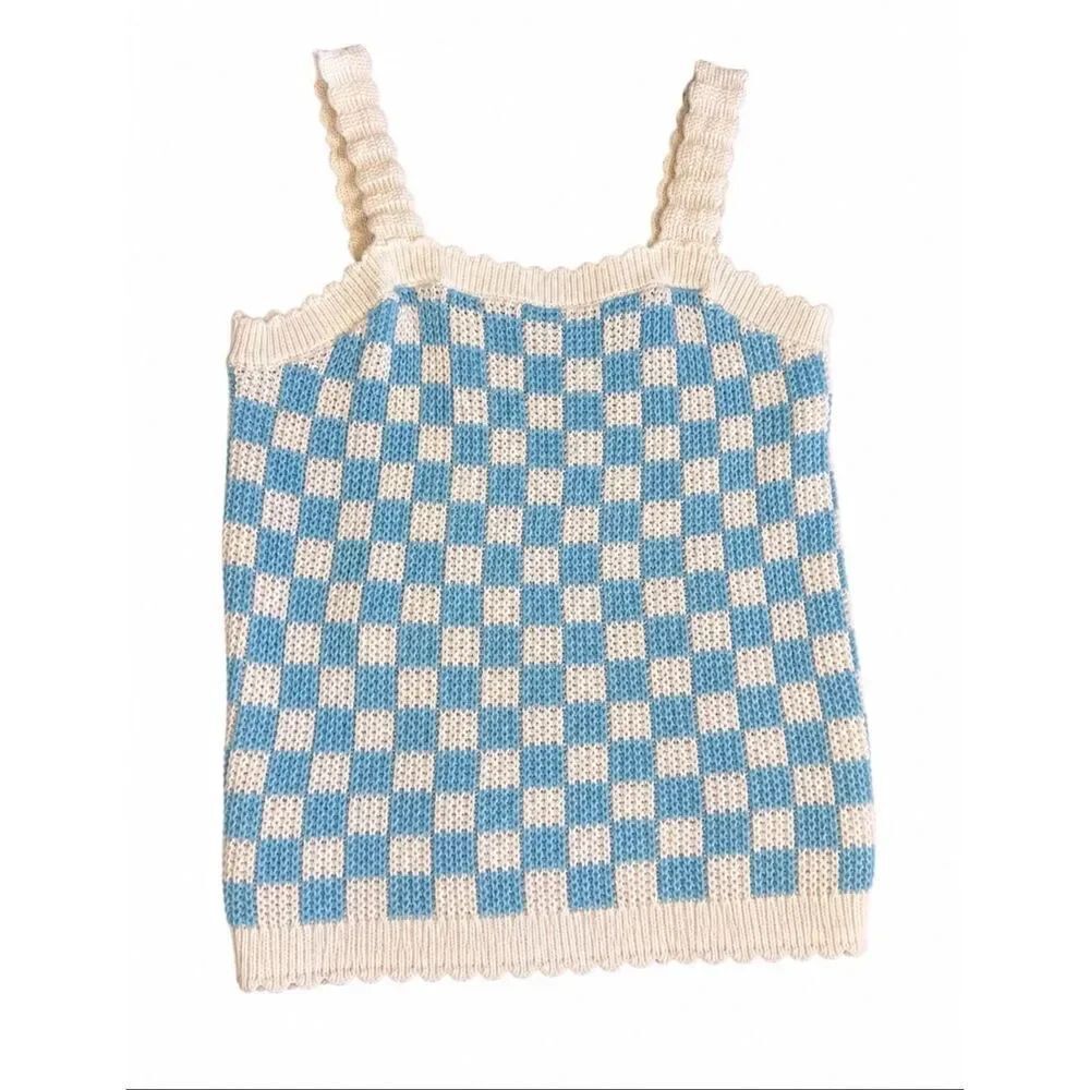 Old Navy Blue White Checkered Knit Tank Top Girls 14/16 Y2K